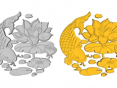 现代中式背景墙 圆盘雕花 浮雕 荷花锦鲤 年年有余 画
