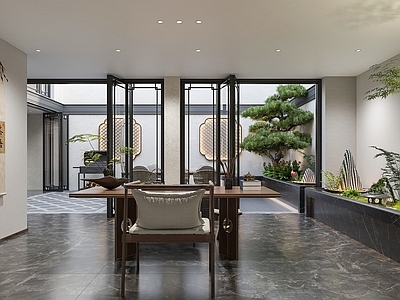 新中式茶室 新中式茶室 新中式庭院 庭院造景 绿植 室外桌椅