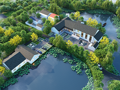 新中式民宿建筑 滨水民宿建筑 坡屋顶民宿酒店 乡村民宿 乡村自建房 新中式民宿建筑
