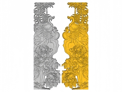 现代中式背景墙 长雕花 古建浮雕 孔雀牡丹竹 雕刻 画