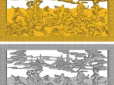 现代中式背景墙 雕花图框 浮雕 回字纹八仙过海 雕刻 画