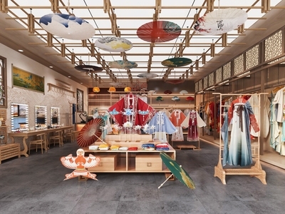 新中式服装店 汉服展厅汉服馆 汉服唐装服装店 汉服化妆体验店 非遗文化汉服店 服装衣架展柜展台