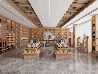 现代新中式茶叶店 茶叶烟酒专卖店 茶叶茶饼茶壶茶柜 茶叶商品展柜货架 茶馆茶室茶桌椅 礼品烟酒特产货架