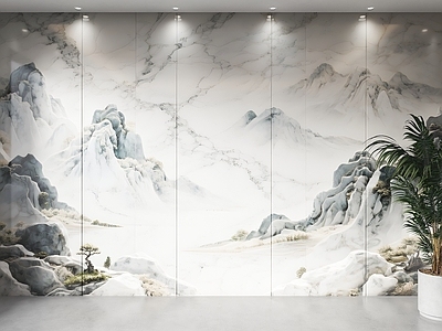 现代新中式电视背景墙 电视背景墙 客厅景墙 山水背景墙 新中式背景墙 大理石山水背景墙