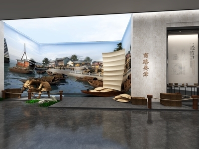 现代展厅 码头场景 船 古人雕塑 麻袋 箱子 文物 植物 文化展厅