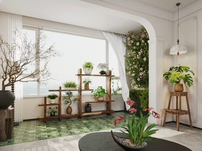 法式现代阳台 法式阳台盆栽 吊灯落地灯