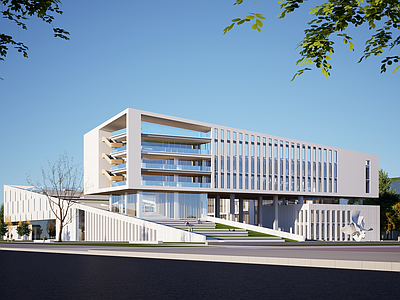 现代简约学校建筑 图书馆 灰空间 坡屋顶 屋顶绿化
