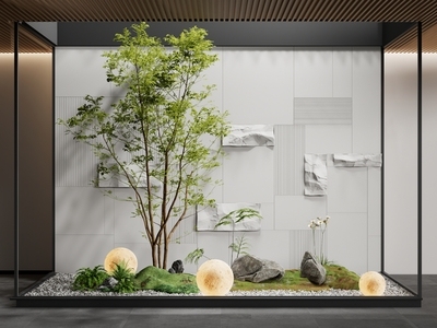 现代室内景观造景 小品 植物组合 植物堆 枯山水