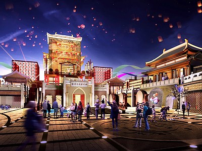 中式复古古建筑 城门广场 塔楼 传统街区广场 商业广场