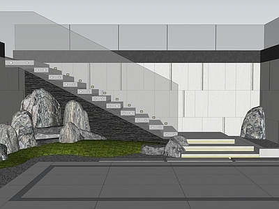 现代简约别墅庭院 下沉庭院 天井花园 花园景观 花园台阶