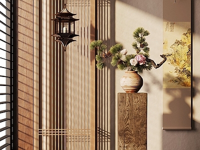 新中式花艺 新中式花瓶 宋式花瓶 绿植景观 玄关摆件 吊灯