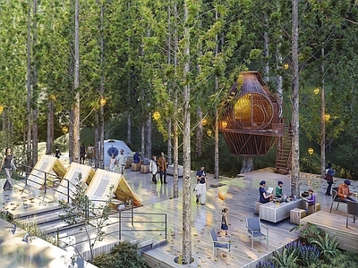 现代原木文旅项目景观 露营平台 休闲平台 树屋 林下空间 台地