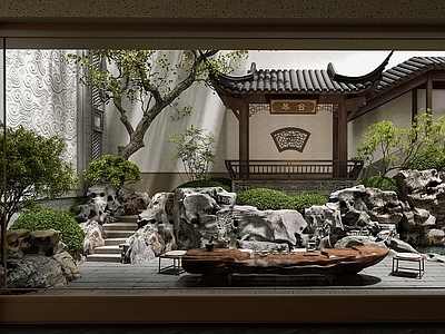 中式新中式别墅庭院 下沉庭院 庭院设计 中式庭院 新中式景观