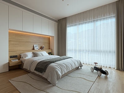 现代极简通用儿童房 男孩房 次卧室 双人床 卧室背景