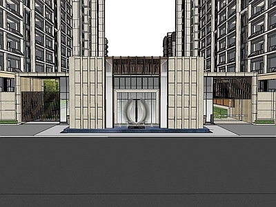 现代小区景观 中海小区入口大门 会客室 连廊 水景景墙雕塑