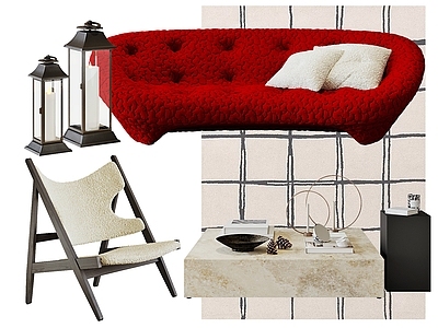 法式奶油沙发组合 现代原木禅意中古 包豪斯侘寂简约 弧形沙发茶几组合 贝壳沙发洞石茶几 装饰摆件香薰蜡烛