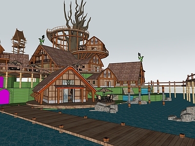 日式新中式树屋 原始部落 动画厂家 游戏场景 茅草树屋 传统木屋