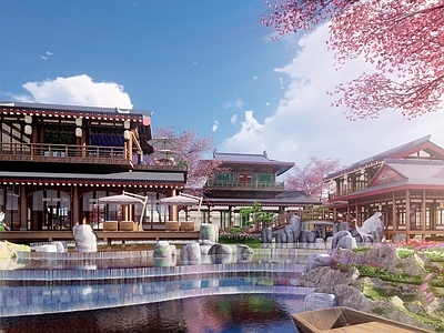 新中式中式民宿建筑 滨水民宿建筑 唐风院落 国潮文创院落 传统滨水院落 文创咖啡