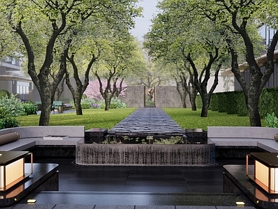 现代小区景观 下沉卡座 特色水景 户外卡座 特色景墙