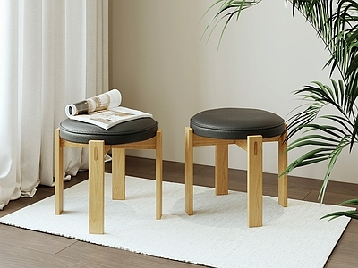 现代中古沙发凳 包豪斯奶油侘寂 简约法式原木禅意 宜家赫姆索皮凳 圆凳小凳子 杂志地毯绿植窗帘