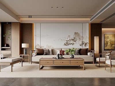 新中式家居客厅 宋式风 沙发茶几 三人沙发 休闲椅 挂画