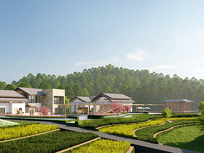 中式日式民宿建筑 乡村民宿 乡野村落 度假村 传统坡屋顶 梯田建筑