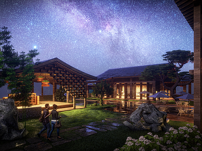 新中式日式民宿建筑 坡屋顶建筑 日式禅意 乡野民宿 木结构建筑 中式现代建筑