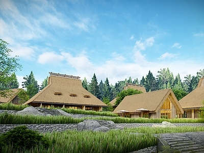 中式日式民宿建筑 茅草顶建筑 乡野山居 山地民宿建筑 日式禅意民宿