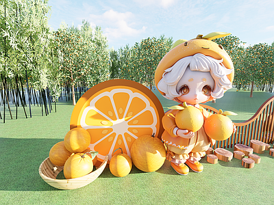现代雕塑 3d橙子ip 红橙