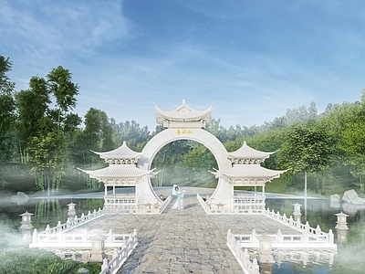 中式禅意入口大门 中式仙门 入口大门 天门 亭台跌水