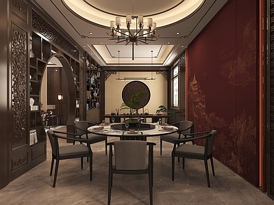 新中式别墅餐厅 圆桌餐厅 开放式餐厅 茶室 新中式风格 月亮门隔断