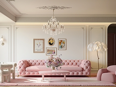 法式奶油家居客厅 法式粉色家居客厅 粉色系客厅