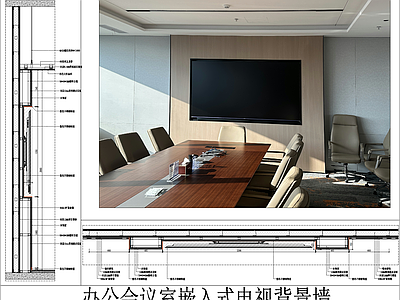 背景墙节点 办公会议室背景墙 会议室内嵌屏幕墙 嵌入式电视墙详图 会议室显示器背景 会议室木饰面硬包 施工图
