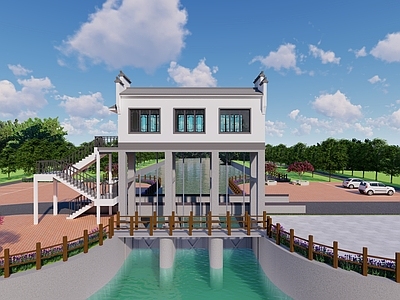 现代中式水利 徽派 水闸 仿古凉亭 河道 景观