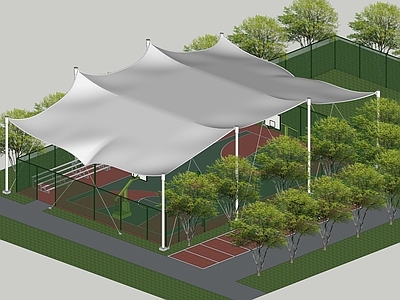 现代极简篮球场 户外篮球场 张拉式膜结构 膜结构 钢索