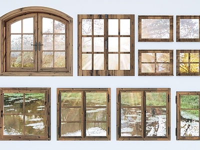 复古侘寂平开窗 木平开窗 原木窗 窗户组合 推拉窗 悬窗