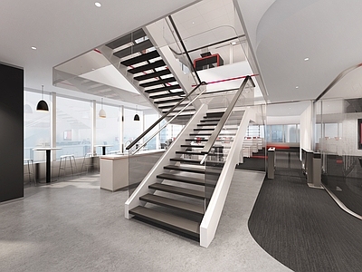 现代办公区 楼梯 茶水 会议 办公桌 水吧台