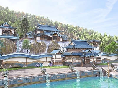 中式日式古建筑 水上龙宫 中式庙宇 中式庭院 中式游戏场景 楼阁
