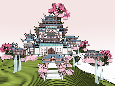 中式日式古建筑 天空城堡 仙宫 空中楼阁 中式塔楼 游戏动画楼阁
