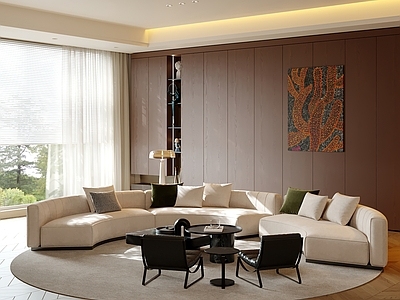 现代意式家居客厅 弧形沙发 沙发茶几组合 沙发背景墙 沙发背景柜 包豪斯客厅