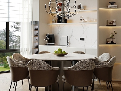 现代简约家居餐厅 吊灯 餐桌椅 圆桌餐厅 餐边柜 酒柜