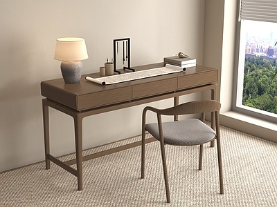 新中式书桌椅 实木桌椅 新中式书桌椅组合 台灯 摆件