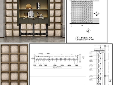 背景墙节点 玻璃砖墙面 古铜不锈钢架 展品背景墙 墙面节点图 施工图