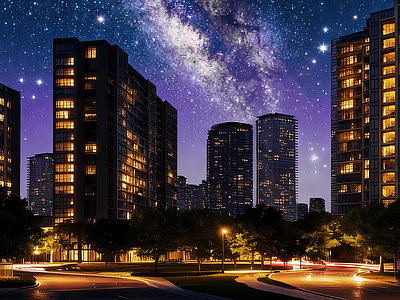 现代小区HDR 夜景城市星空全景 小区夜景HDR 庭院hdr