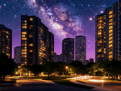 现代小区HDR 小区夜景星空全景 小区夜景HDR 庭院hdr 别墅HDR
