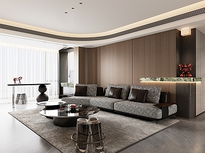 意式轻奢家居客厅 无主灯客厅 胡桃木护墙板 平衡沙发 高级灰客厅