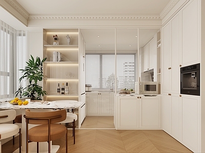 法式奶油封闭式厨房 法式奶油风厨房 法式厨房 奶油风厨房 法式奶油风餐厅 轻奢餐桌