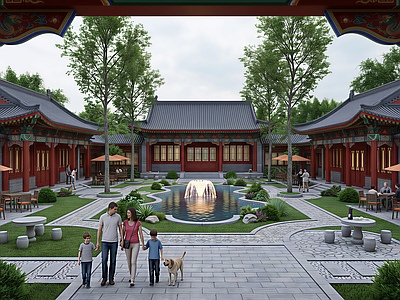 中式新中式别墅庭院 中式园林 庭院 寺院景观 餐饮庭院