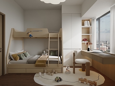 现代极简家居卧室 儿童房 高低床 飘窗卧室 高级灰卧室 卧室梳妆台