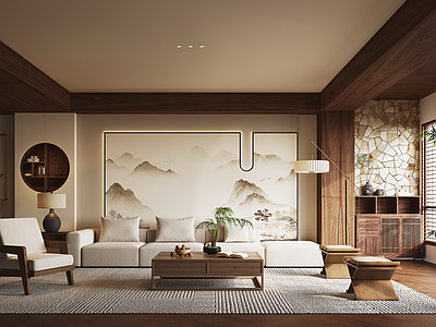 新中式家居客厅 宋式客厅 无主灯客厅